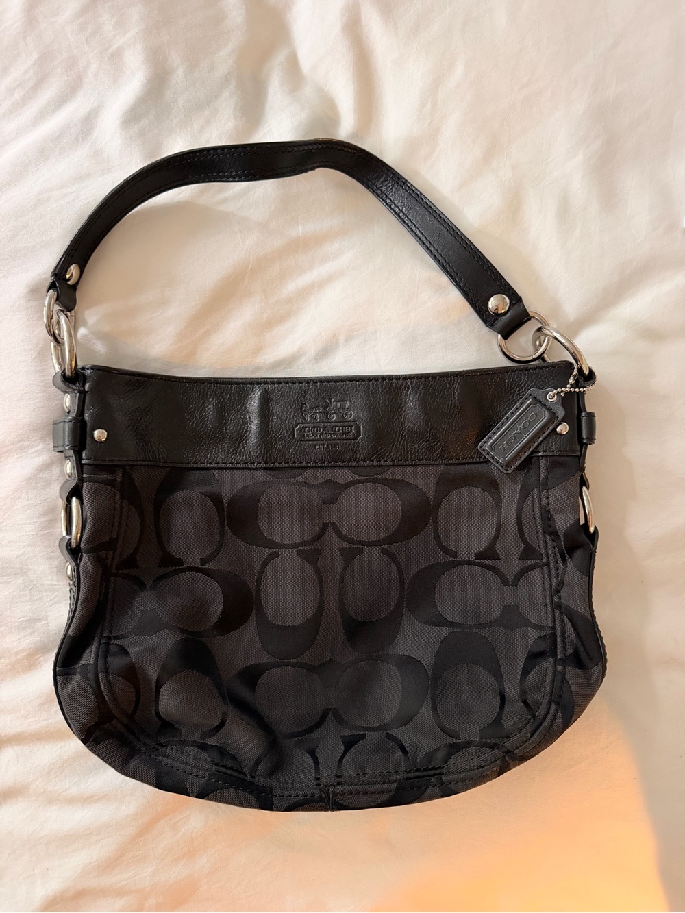 Coach Black Signature Jacquard Shoulder Bag with Leather Trim